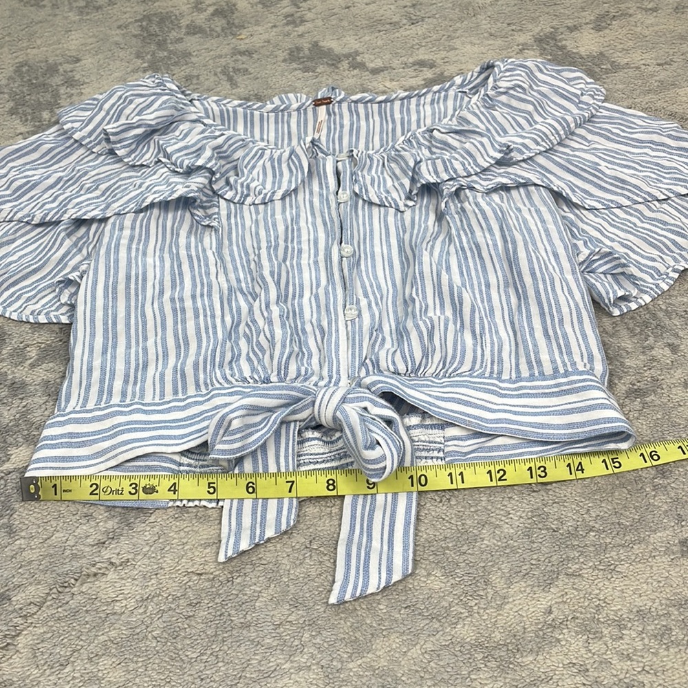 Free People The Rosemary Top Tie Waist Blouse Flutter Ruffle Blue Stripe Sz L - Picture 7 of 12